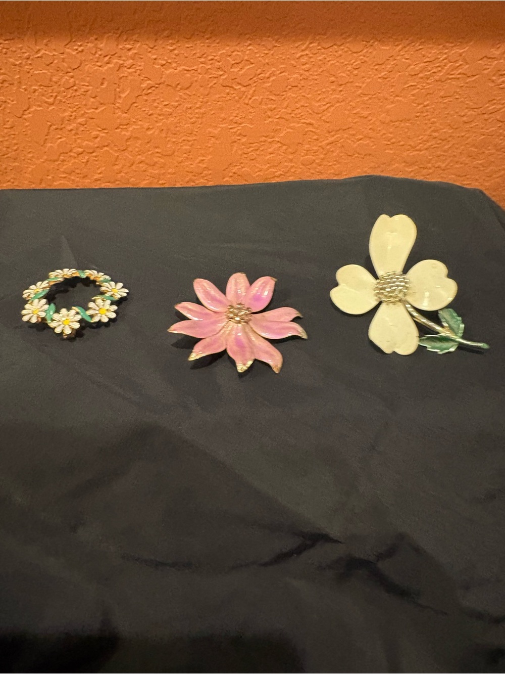 Set of Three Floral Enamel Brooches in Pink, White & Yellow